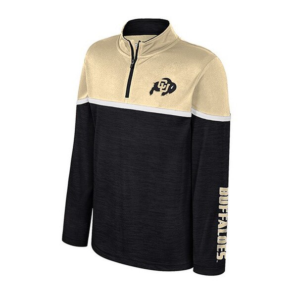 This is a quarter zip, it has vegas gold coloring on top and black on the bottom separated by white border. Buffaloes is on the bottom of the left sleeve in bold font and vegas gold.